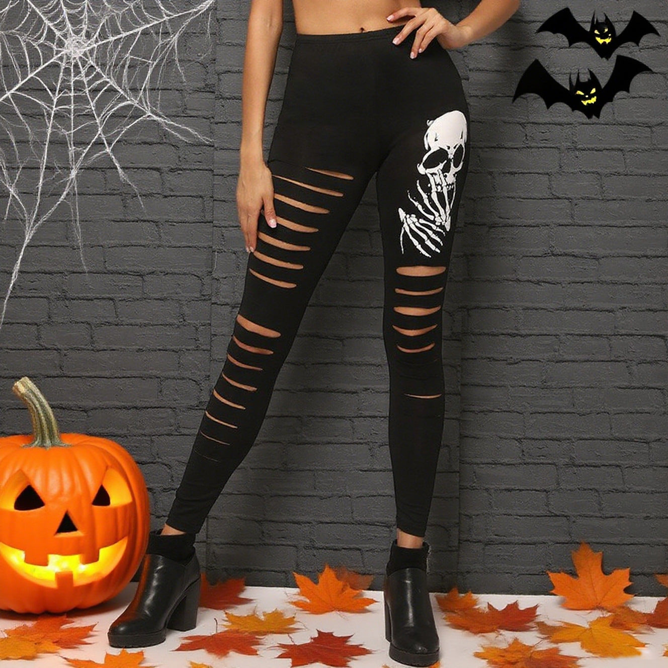 Damen Leggings mit kreativen Cut-Outs und Totenkopf-Design WW