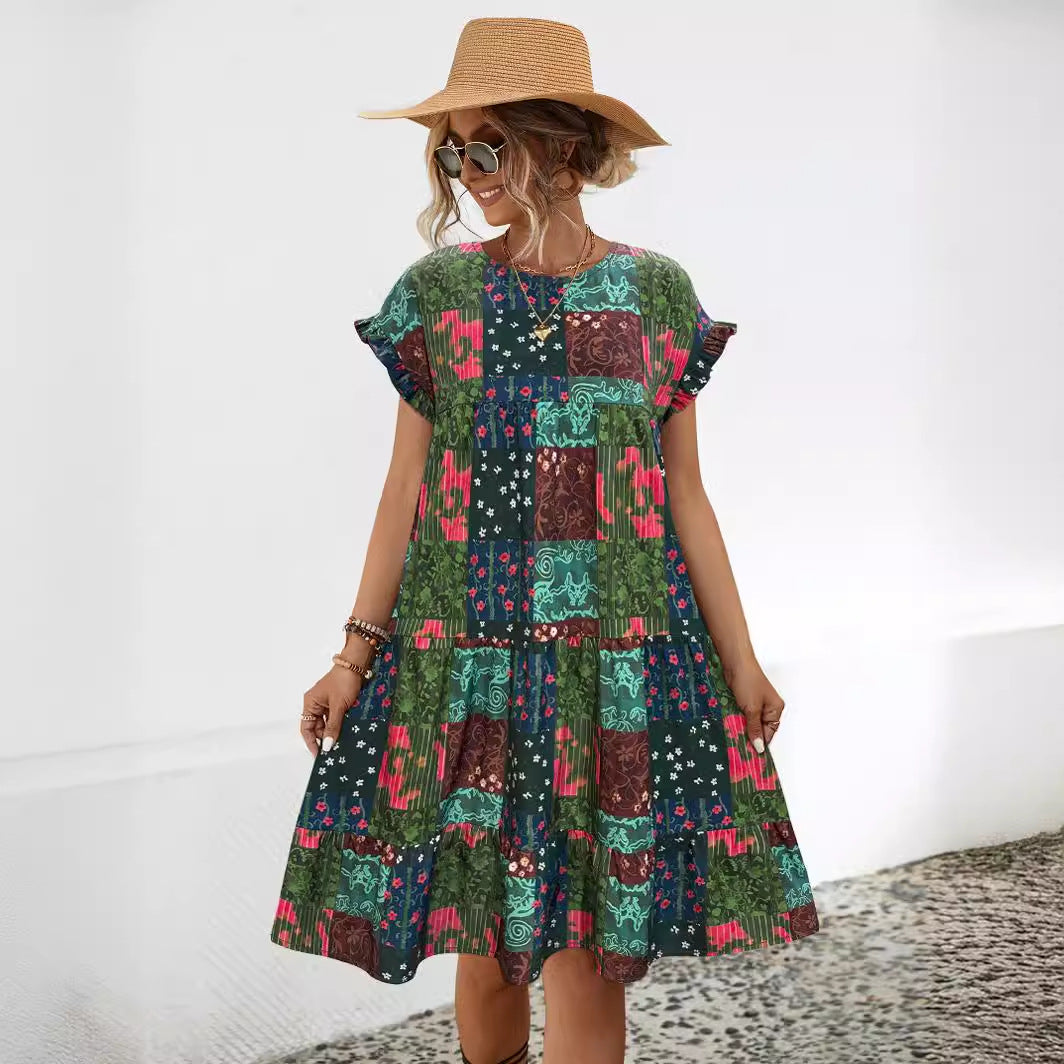 Damen Sommerkleid mit lockerem Schnitt und farbenfrohem Patchwork-Design WW