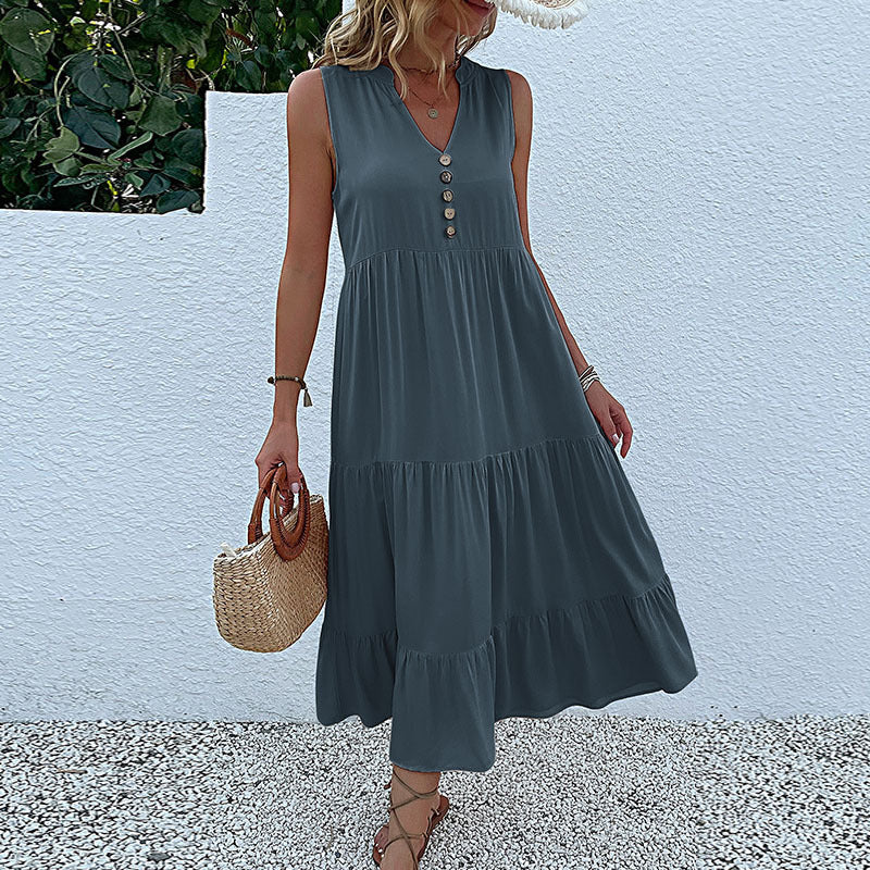 Damen Maxikleid mit Knopfdetail und voluminösem Rock WW