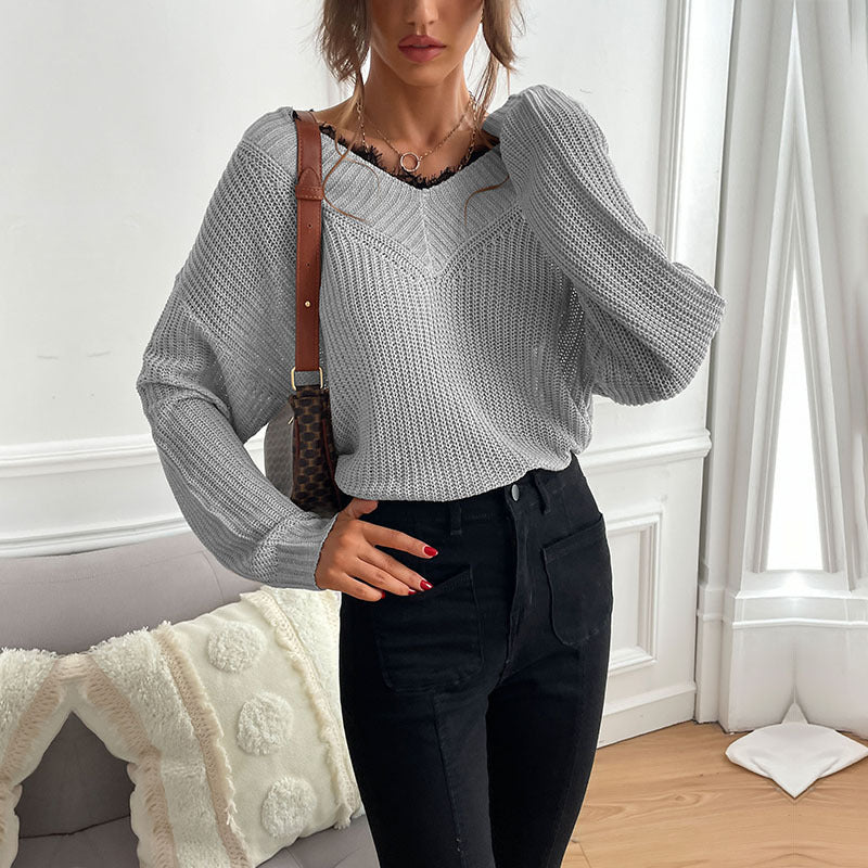 Damen lässiges Strickoberteil mit modischem V-Ausschnitt und detailreicher Textur WW