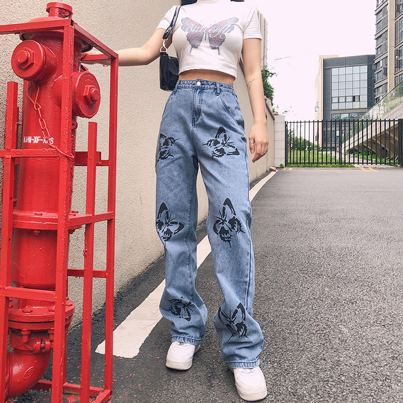 Damen weite High-Waist Jeans mit floralen Druckmotiven WW