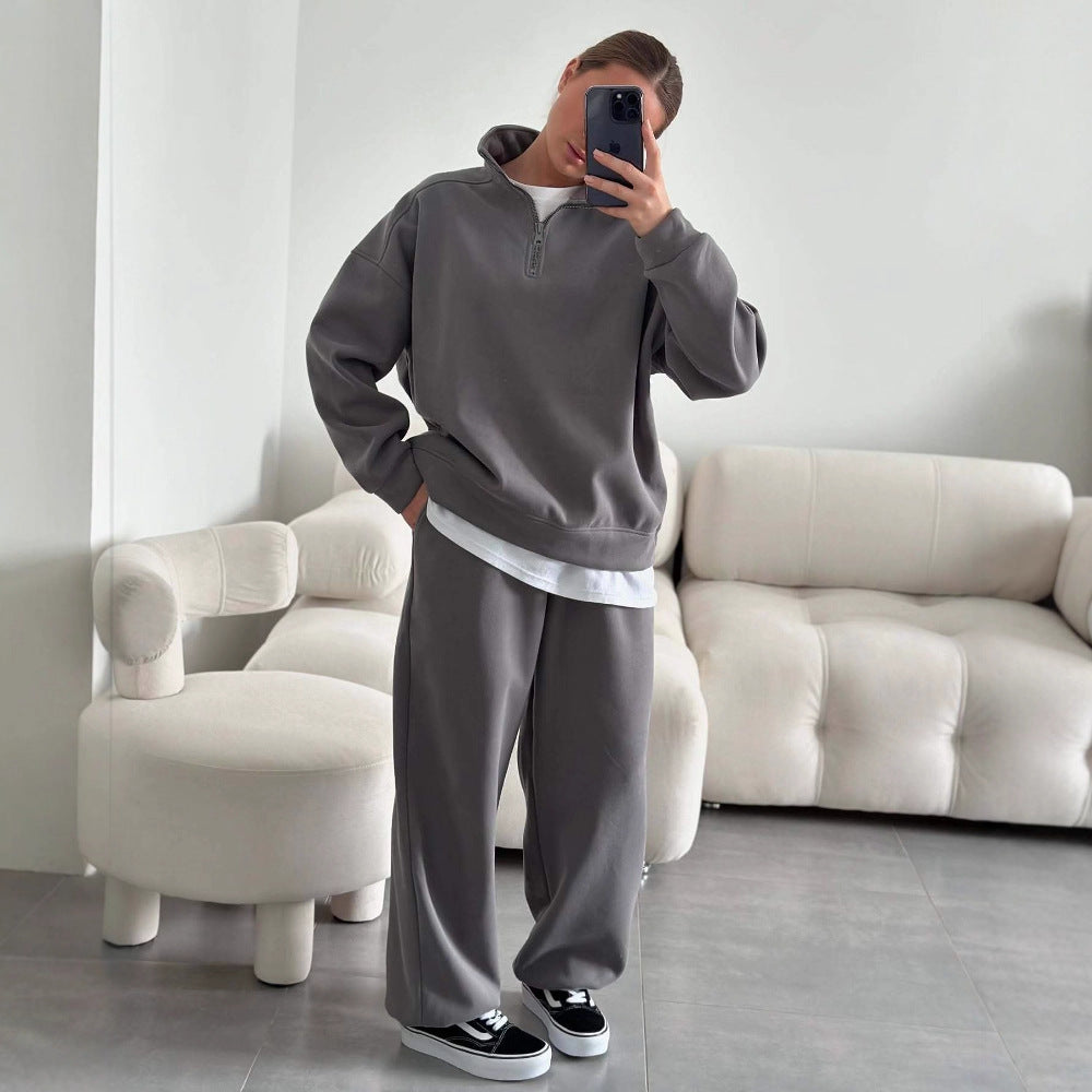 Damen gemütliches Fleece-Loungewear-Set mit Stehkragen und Reißverschluss WW