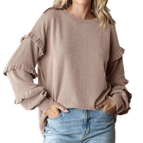 Damen Pullover mit Rüschendetails und farbenfrohem Strukturdesign WW