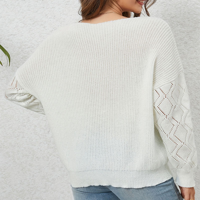 Damen eleganter V-Ausschnitt Pullover mit attraktiven Spitzenärmeln WW