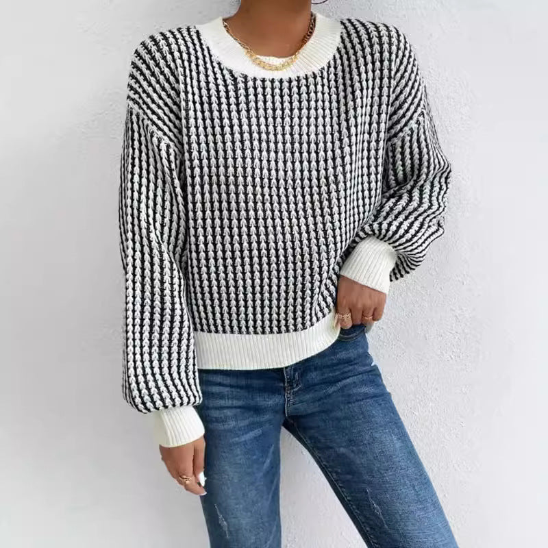 Damen lässiger Strickpullover mit voluminösen Ärmeln und strukturiertem Muster WW