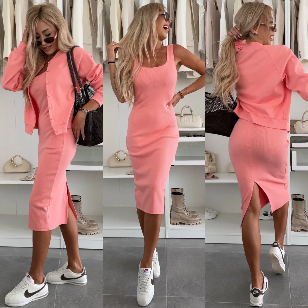 Damen elegantes Set aus figurbetontem Kleid und lässiger Jacke mit Druckknopf WW