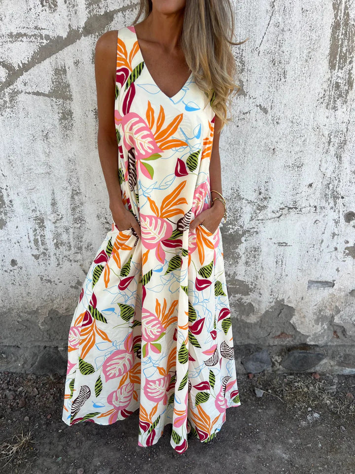 Damen Maxikleid mit fröhlichem Blattdruck und praktischen Taschen WW