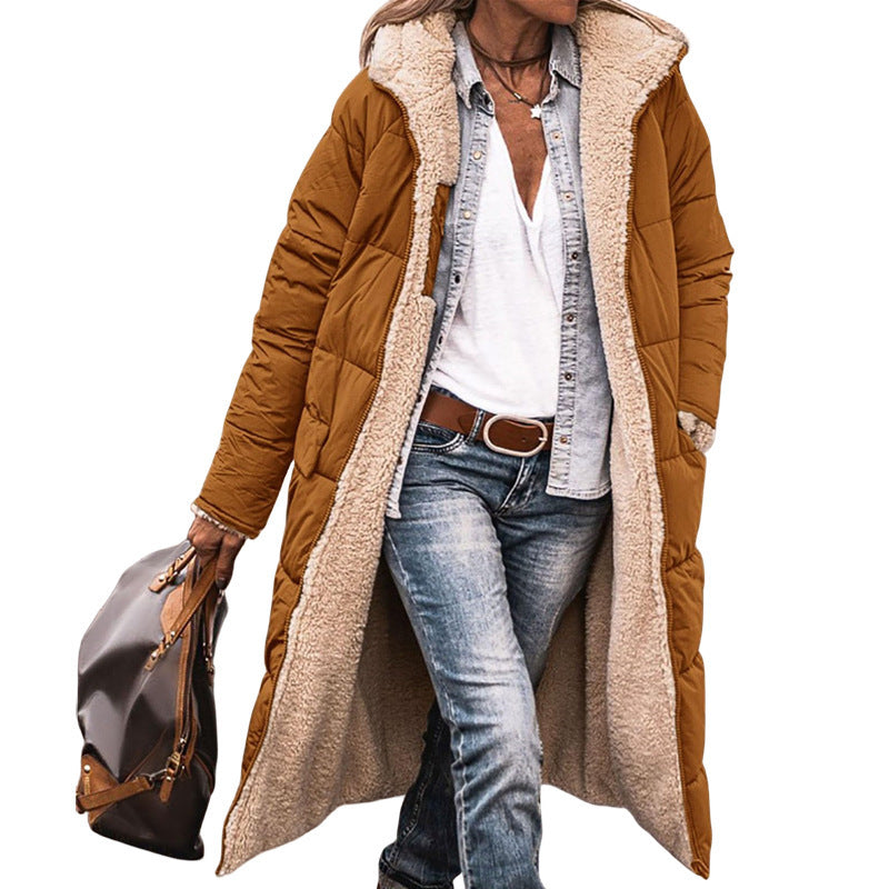 Damen lange Steppjacke mit kuscheligem Teddyfutter und großem Revers WW