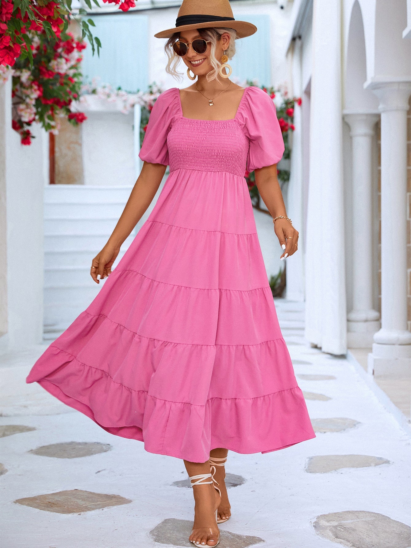 Damen Maxikleid mit Puffärmeln und Stufen WW