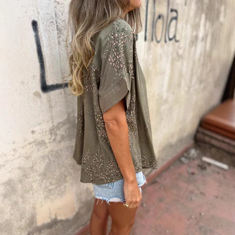 Damen Kurzärmlige Bluse mit floralem Allover-Print und Knopfleiste WW