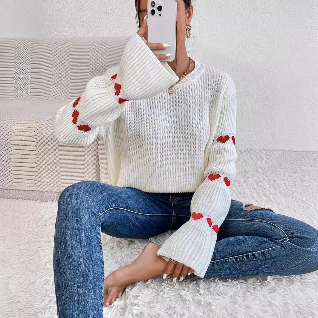Damen kuscheliger Strickpullover mit modellierenden Ärmeln und Herzmotiv WW