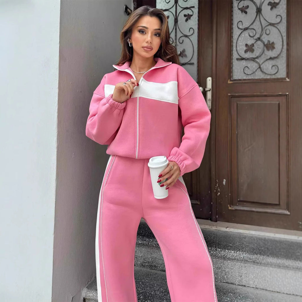 Damen sportliches Fleece-Loungewear-Set mit hohem Kragen undseitlichen Kontraststreifen WW