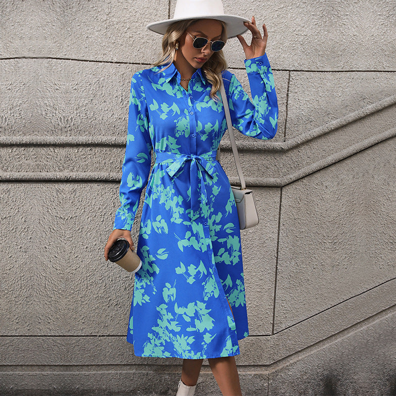 Damen langärmliges Maxikleid mit floralen Mustern und elegantem Gürtel WW