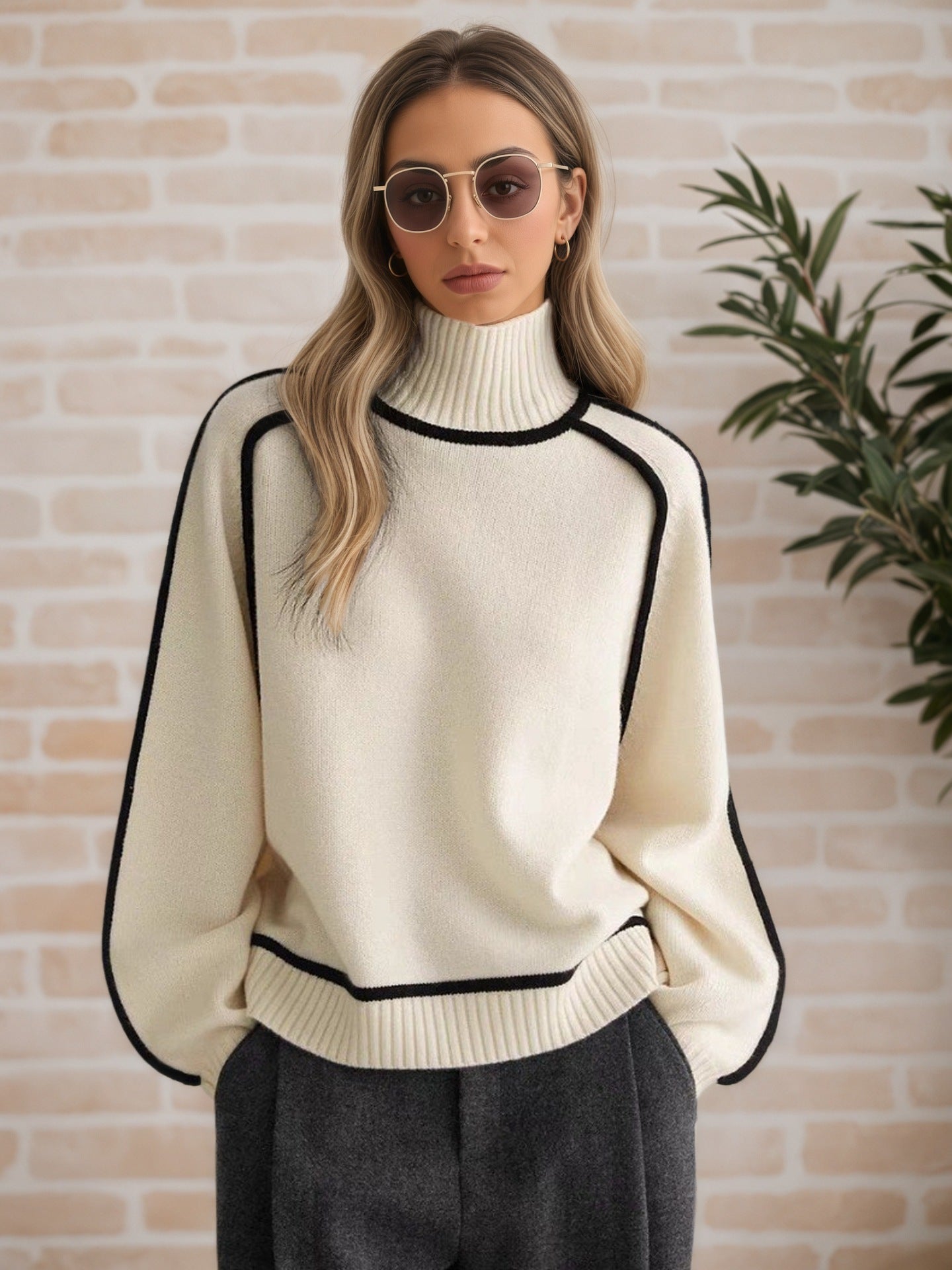Damen Pullover mit hohem Kragen und Volumenärmeln WW