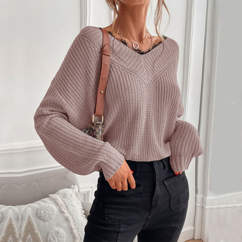 Damen lässiges Strickoberteil mit modischem V-Ausschnitt und detailreicher Textur WW