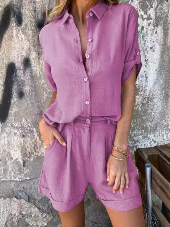 Damen Elegantes Kurzarm-Jumpsuit aus atmungsaktivem Stoff mit praktischen Taschen WW