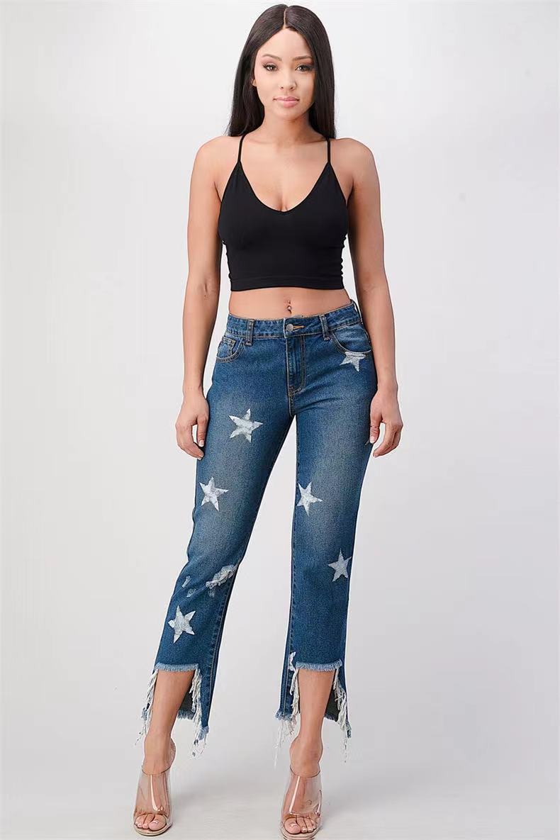 Damen modische Jeans mit Sternen-Design und fransigem Saum WW