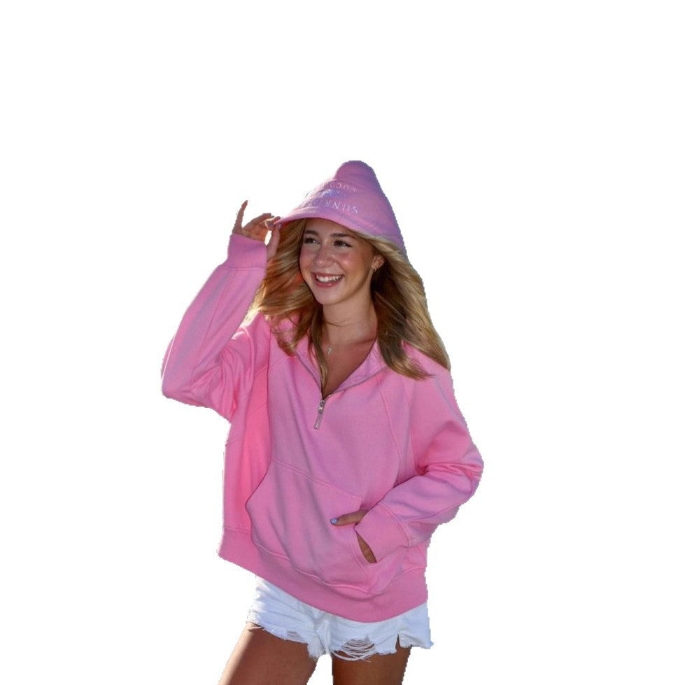 Damen bequemer Kapuzensweater mit kurzem Reißverschluss und Kängurutasche WW