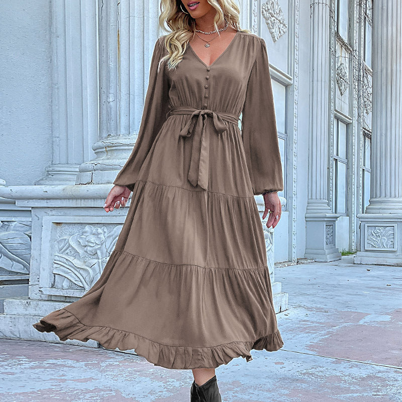 Damen Maxikleid mit Knopfleiste, Taillengürtel und Rüschensaum WW