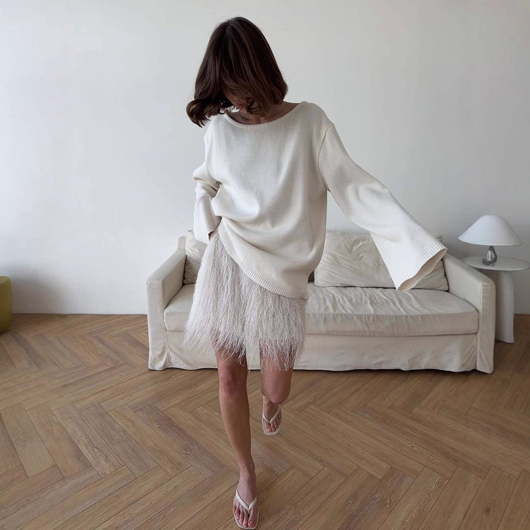 Damen Oversized-Strickpullover mit weitem Arm und raffiniertem Saum WW