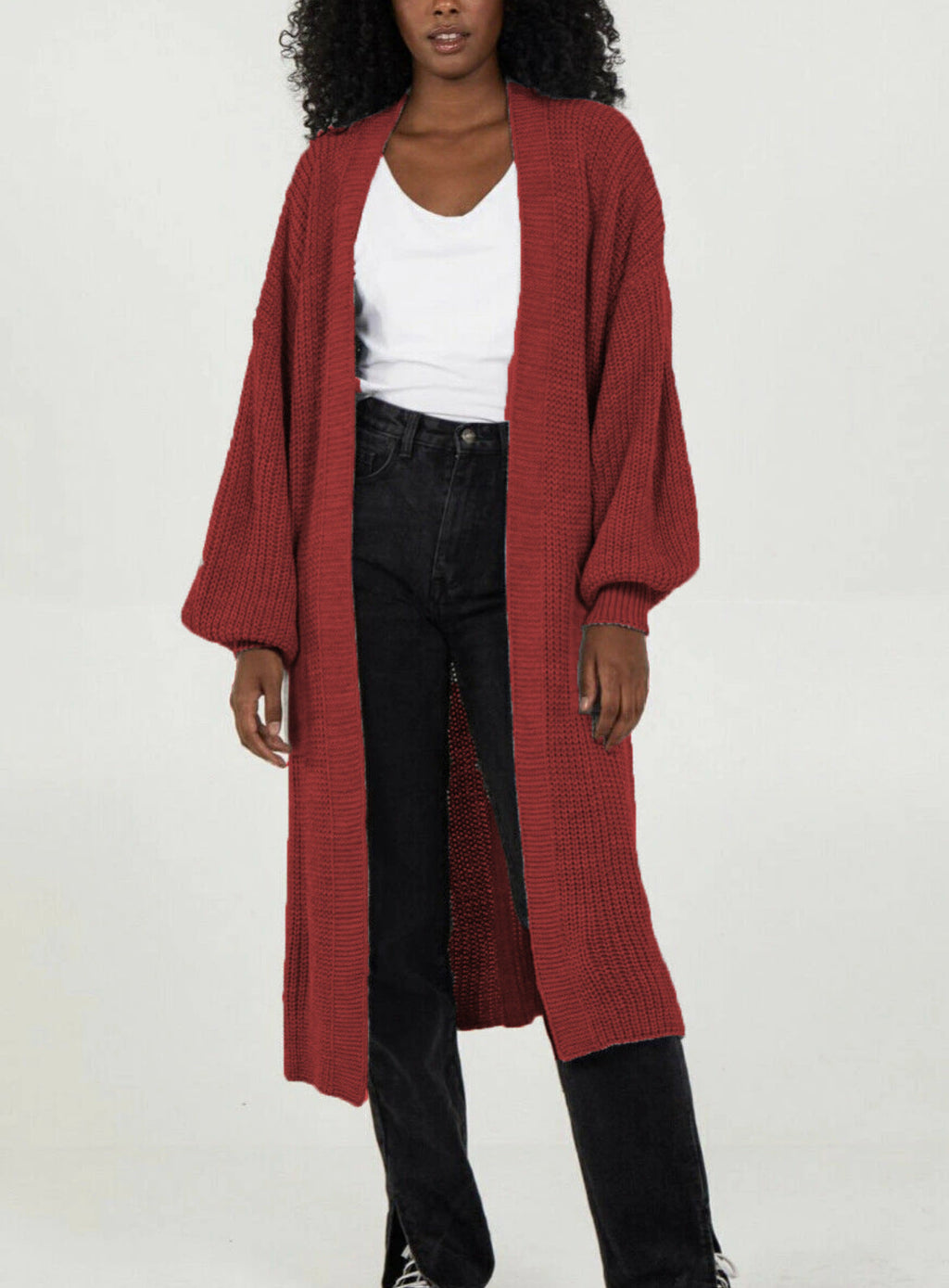 Damen Langer Strickcardigan mit voluminösen Ärmeln und offenem Schnitt WW
