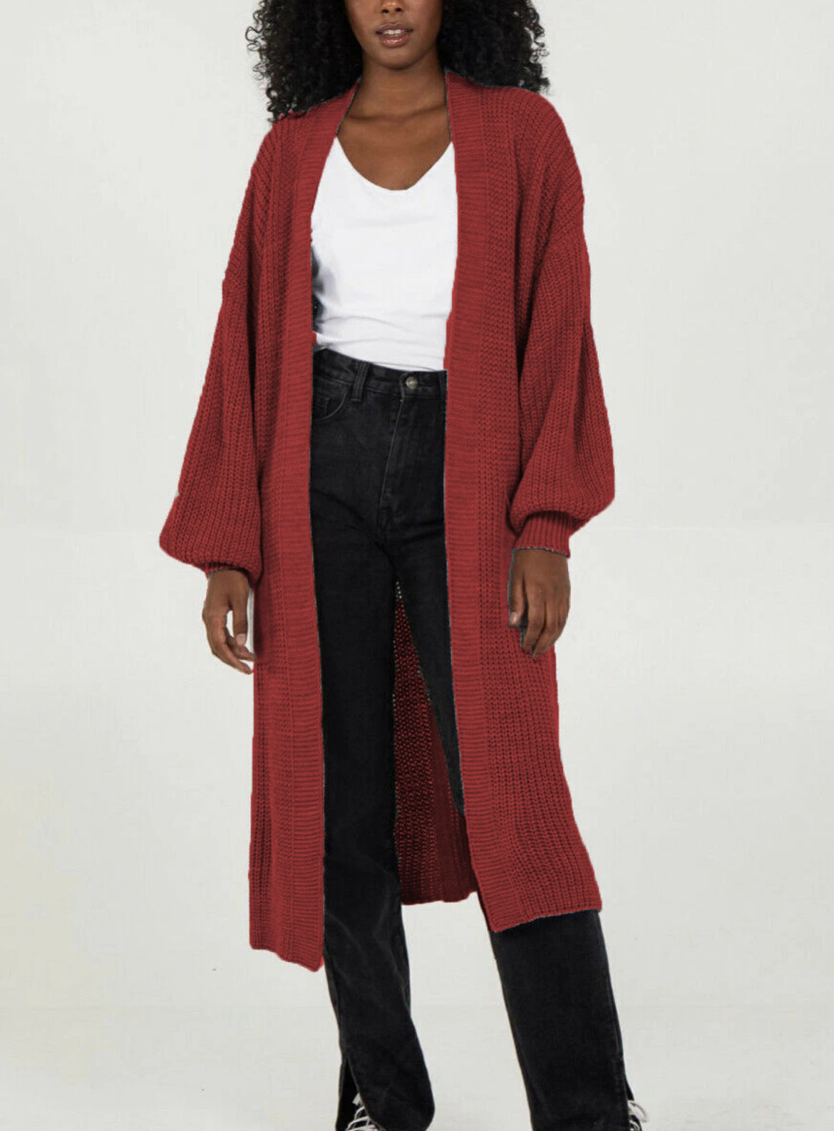 Damen Langer Strickcardigan mit voluminösen Ärmeln und offenem Schnitt WW