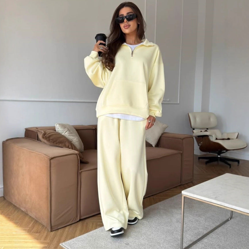 Damen lässiges Fleece-Set mit hochgeschlossenem Reißverschluss und weiten Beinen WW