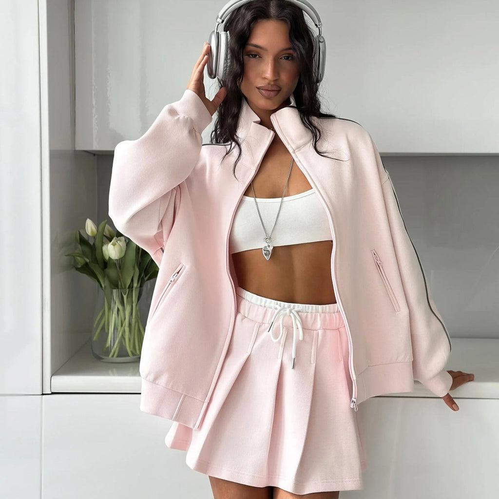 Damen sportliches Oversized Jacken- und Rock-Set mit Reißverschluss und elastischem Bund WW
