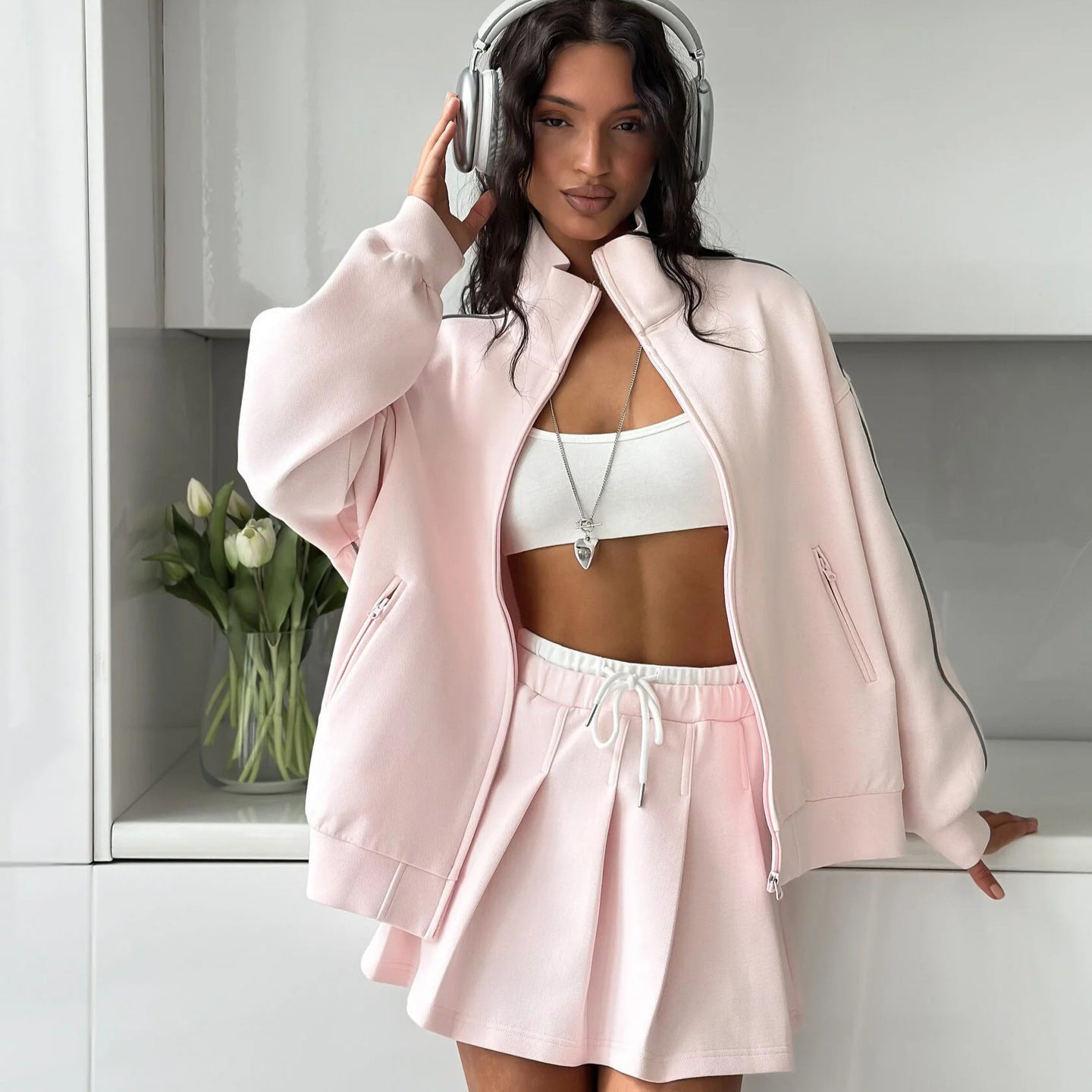 Damen sportliches Oversized Jacken- und Rock-Set mit Reißverschluss und elastischem Bund WW