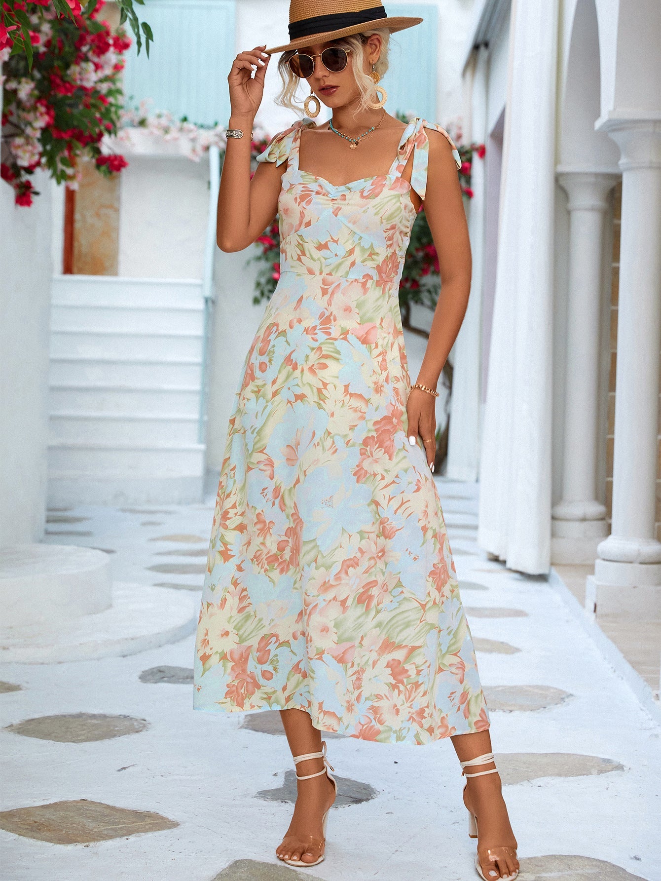 Damen Midi-Party-Kleid mit verstellbaren Spaghetti-Trägern und elegantem Dekolleté WW