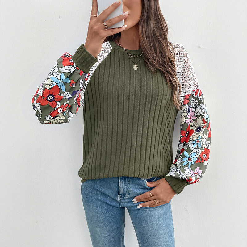 Damen modischer Pullover mit floralem Ärmel-Detail und strukturiertem Stoff WW