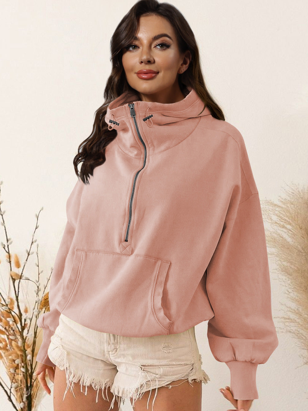 Damen Oversized Sweatshirt mit hohem Kragen und Reißverschluss WW