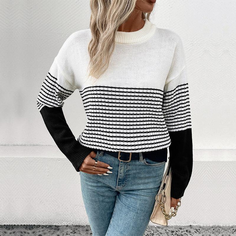 Damen trendiger Strickpullover mit auffälligem Streifenmuster WW