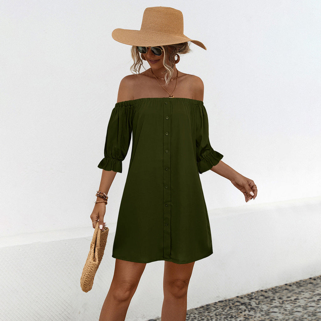 Damen Off-Shoulder Kleid mit knöpfbarem Design und luftigen Ärmeln WW