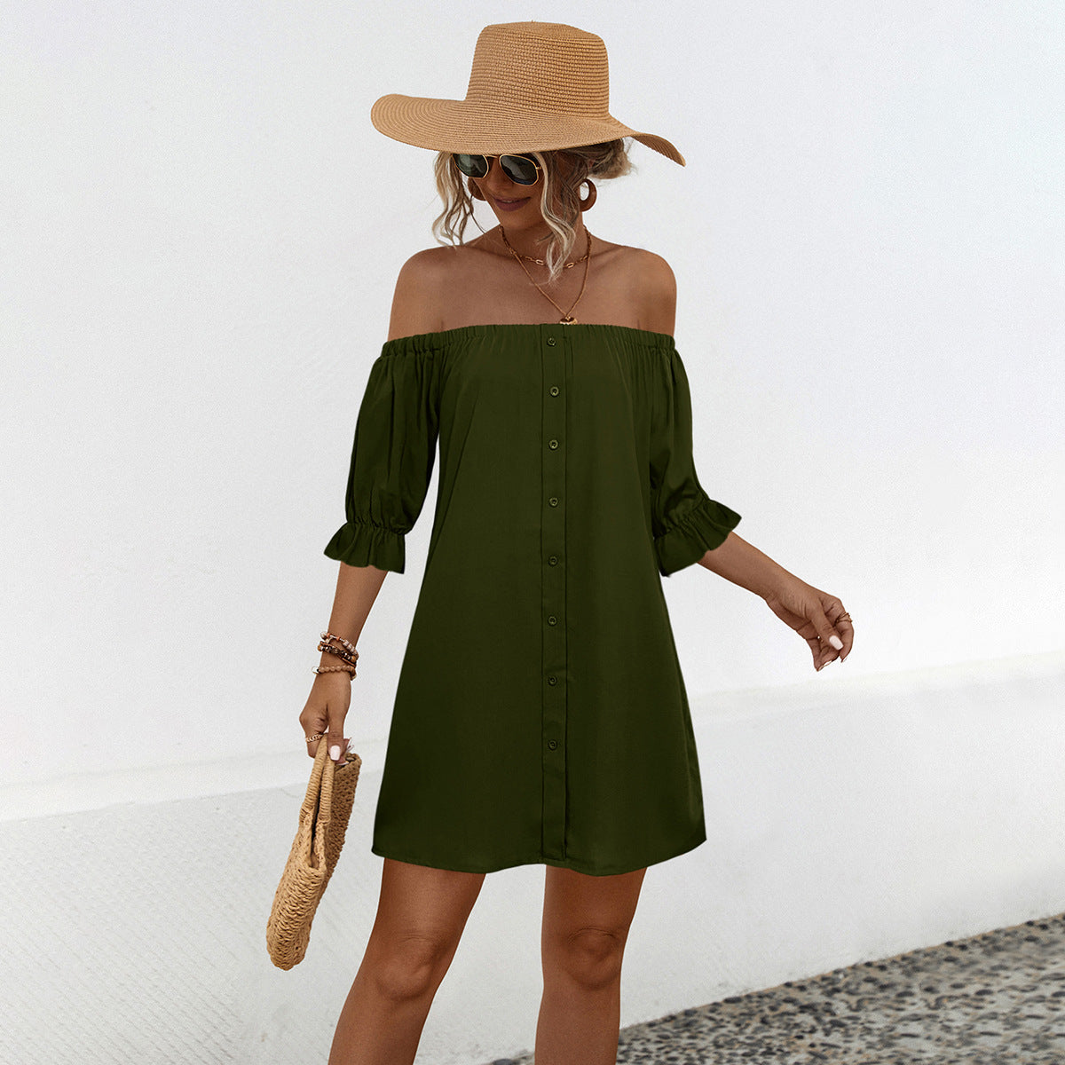 Damen Off-Shoulder Kleid mit knöpfbarem Design und luftigen Ärmeln WW