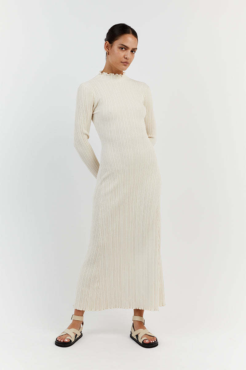 Damen Elegantes Maxikleid mit strukturiertem Rippdesign und femininem Kragen WW