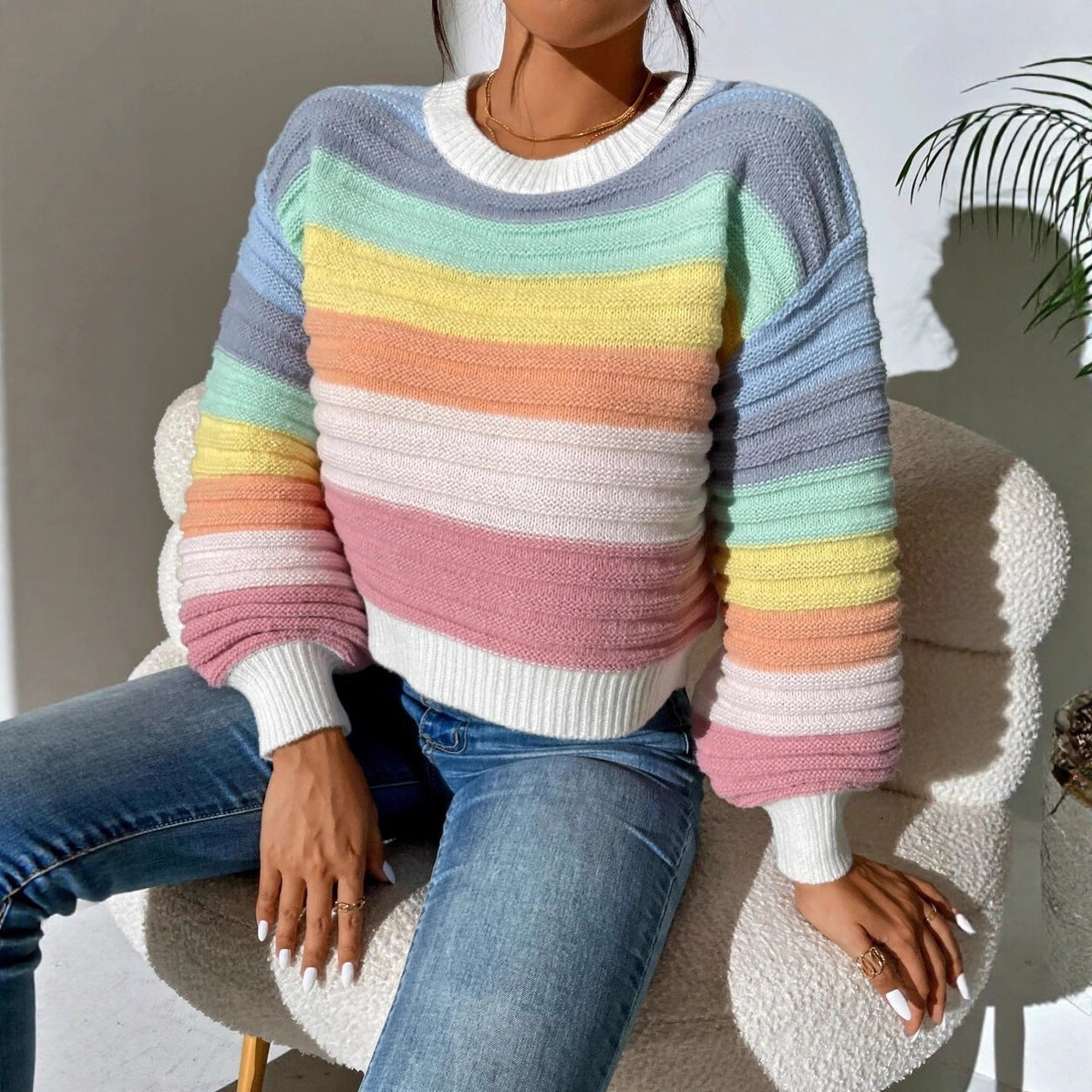 Damen Modischer Strickpullover mit Volumenärmel und Randdetails WW