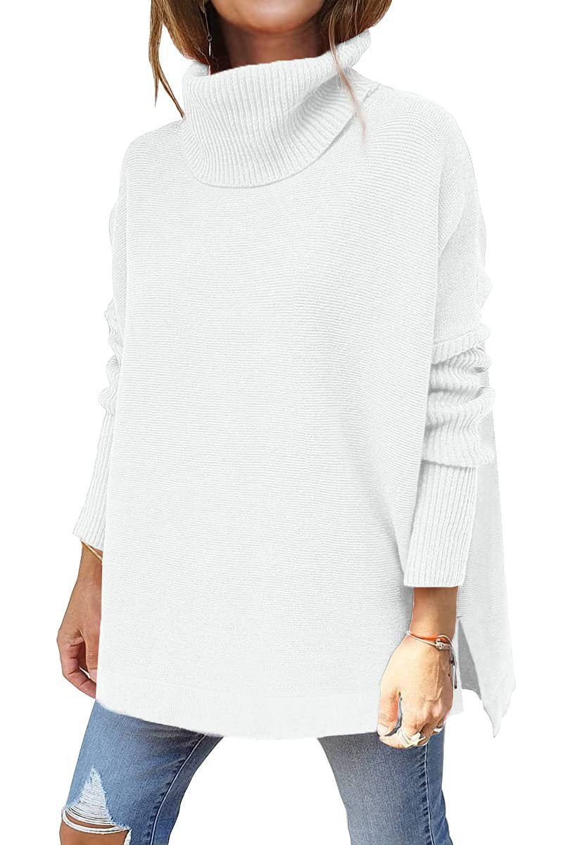 Damen Strickpullover mit hohem Kragen und seitlichen Schlitzen WW