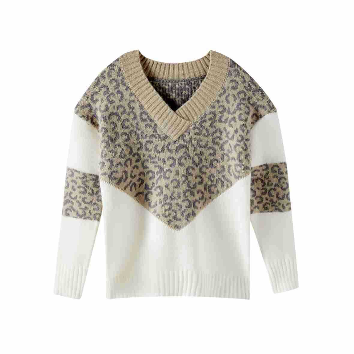 Damen modischer Pullover mit außergewöhnlichem Leopardenmuster und V-Ausschnitt WW
