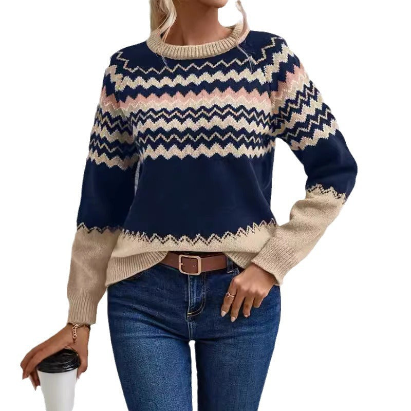 Damen Pullover mit Wellenmuster und klassischem Rundhalsausschnitt WW