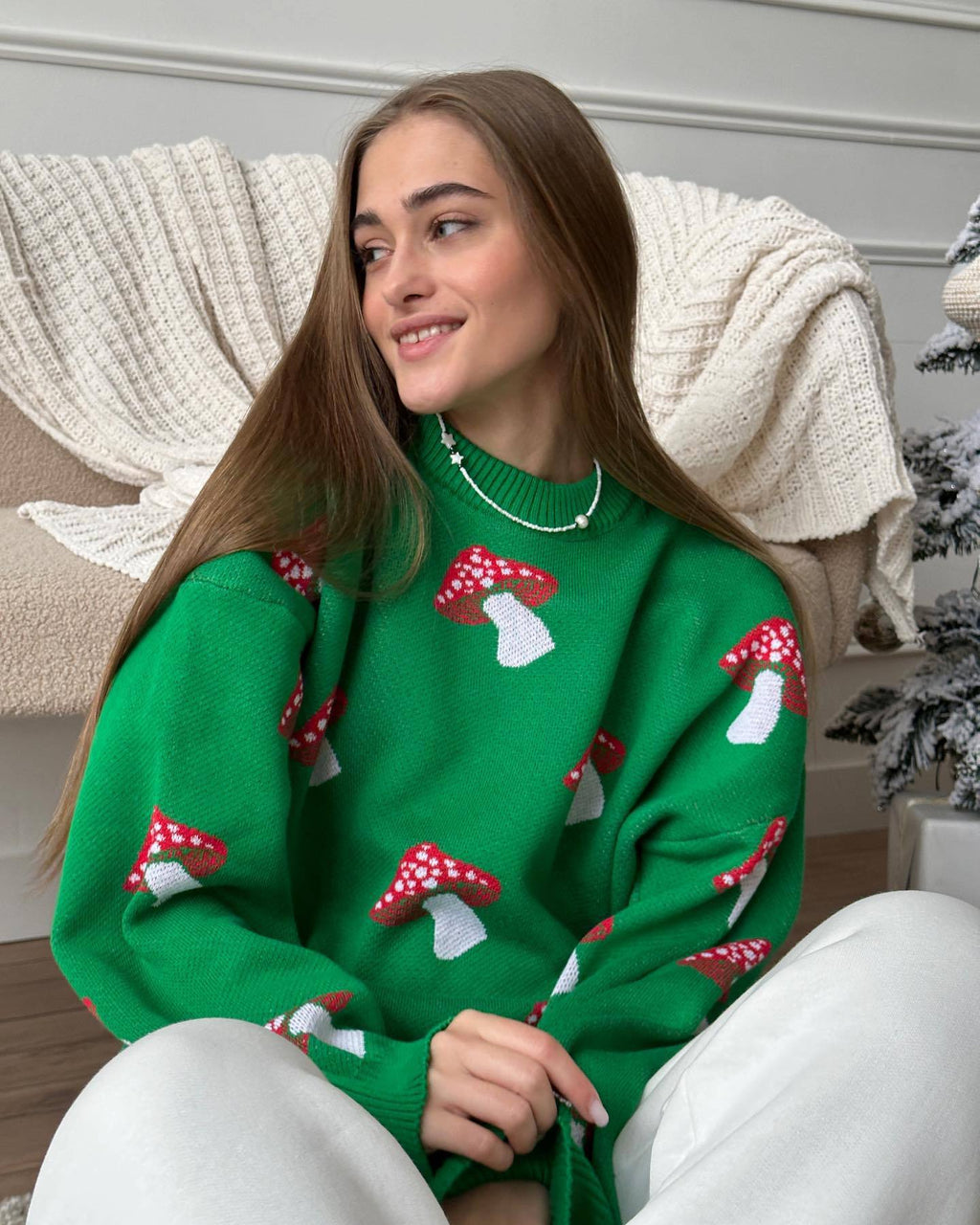 Damen Pullover mit verspielten Pilzstickereien WW