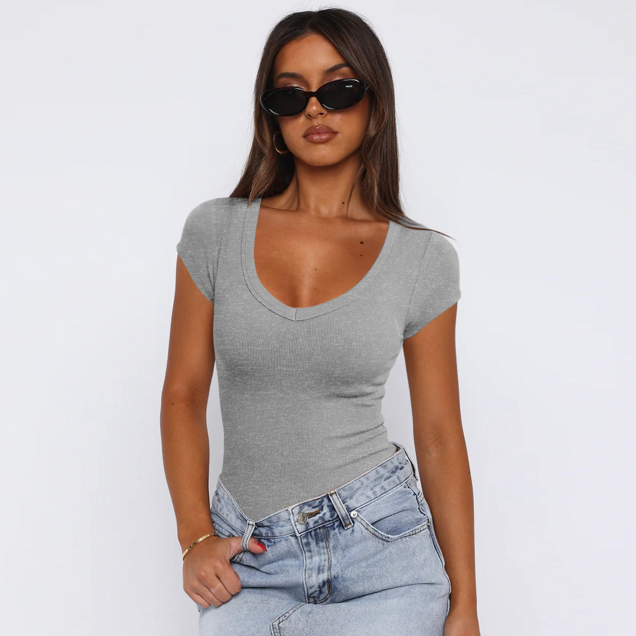 Damen Ripp-Optik V-Ausschnitt Body WW