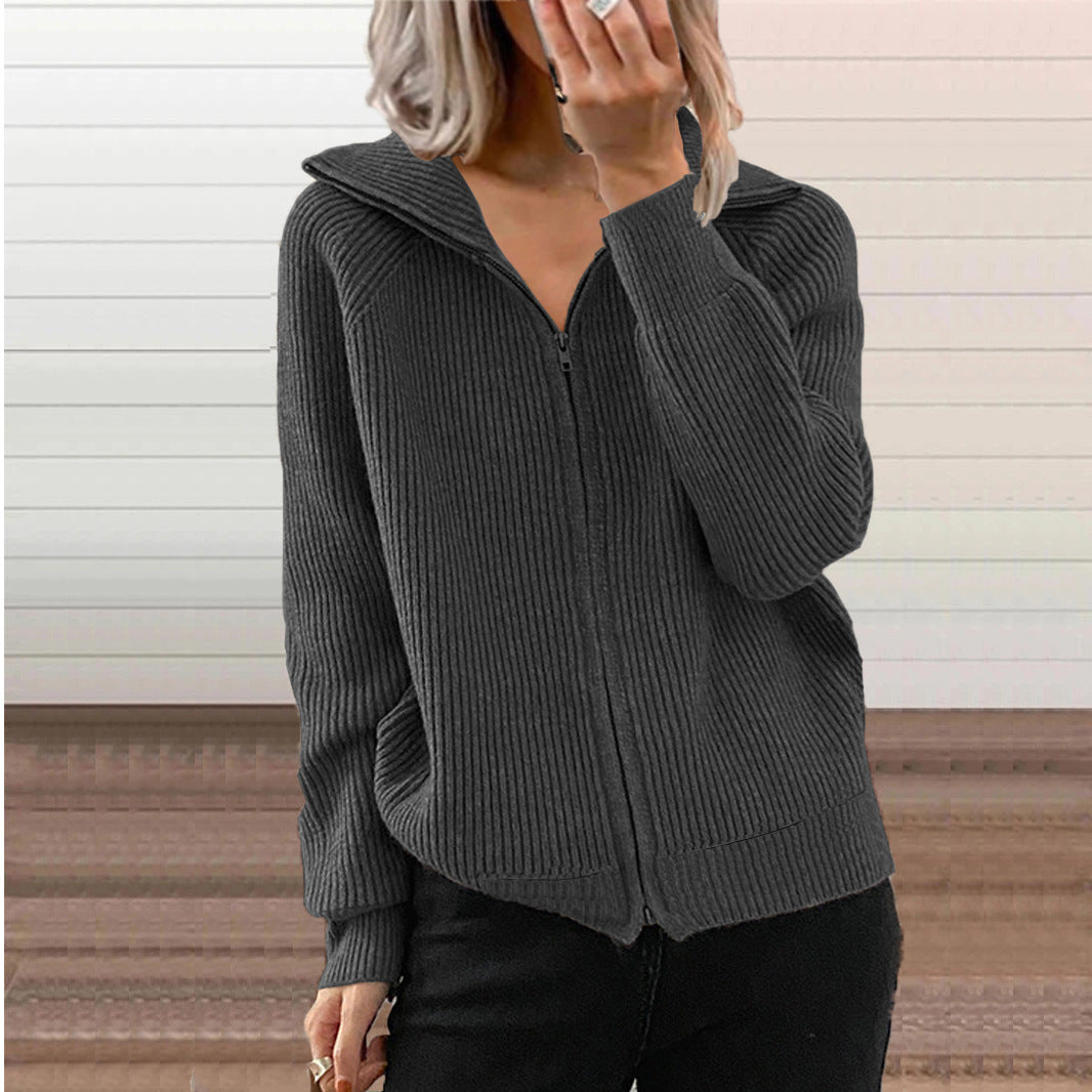 Damen bequeme Strickjacke mit hohem Kragen und durchgehendem Reißverschluss WW