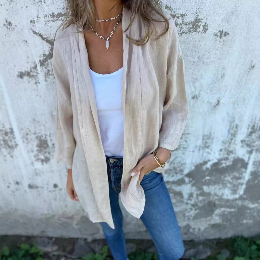 Damen luftige Leinenjacke mit offenem Schnitt und langen Ärmeln WW