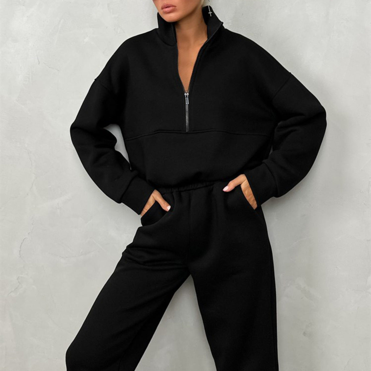 Damen sportliches Fleece-Set mit hohem Kragen und elastischem Bund WW