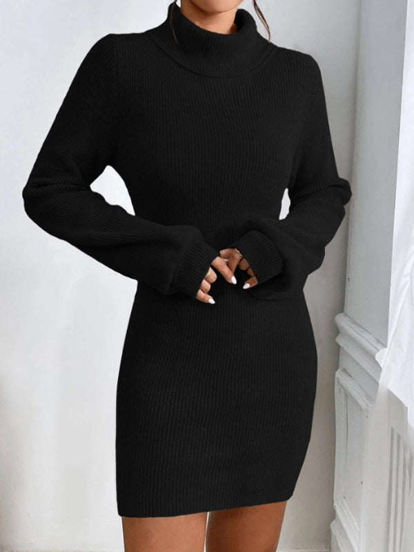 Damen Strickkleid mit hohem Kragen und langen Ärmeln WW