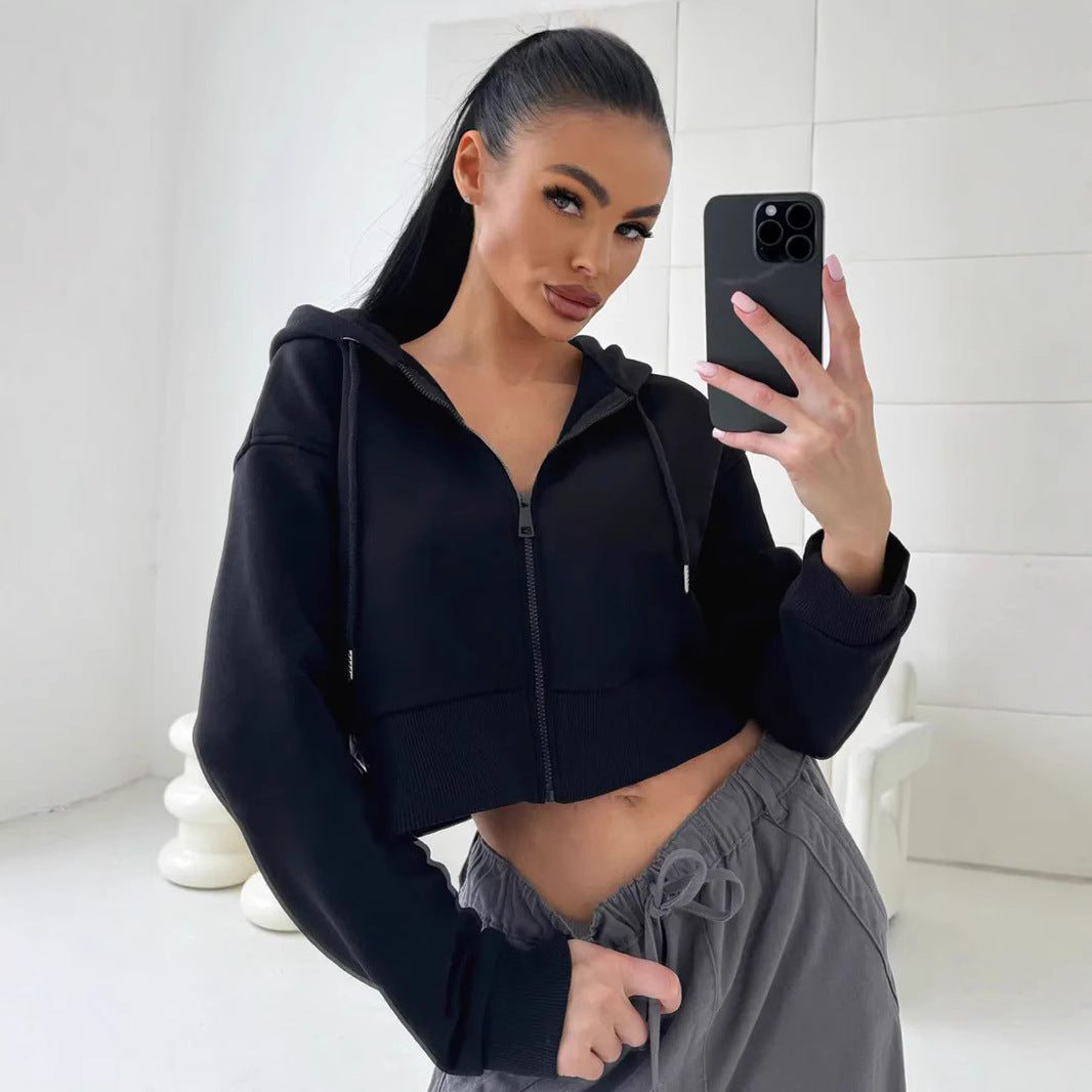 Damen lässiger Kurzarm Zip-Hoodie WW