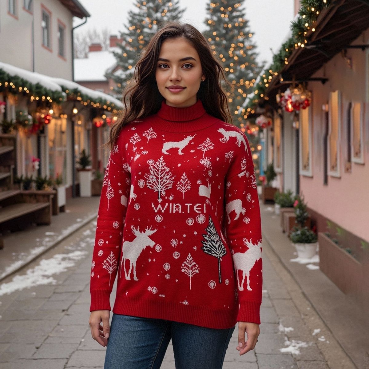 Damen winterlicher Weihnachts-Pullover mit festlichem Elch-Design und hochgeschlossenem Kragen WW