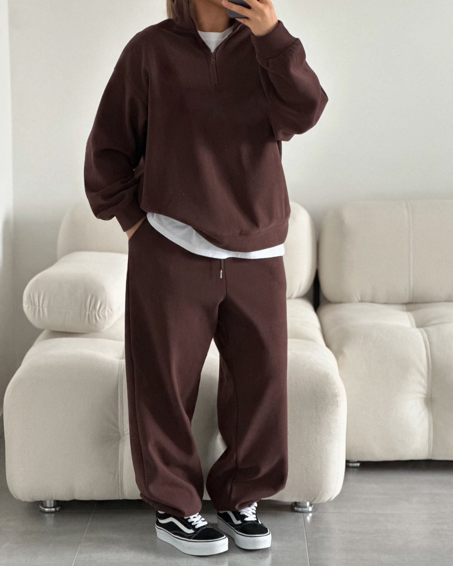 Damen gemütliches Fleece-Loungewear-Set mit Stehkragen und Reißverschluss WW