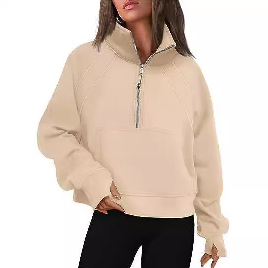 Damen sportlicher Hoodie mit kurzem Reißverschluss und praktischer Kängurutasche WW